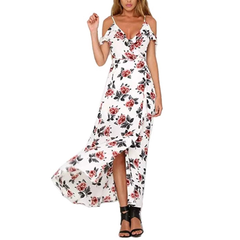 Floral Print Cold Off Shoulder Bohemian Maxi Dress - Picture 2 of 5